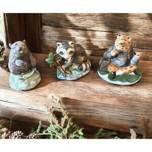 Set 3 Forest Animal Figurines Frog Raccoon Beaver Ceramic Vtg Cabincore Decor